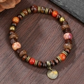 Bracciale vintage da uomo con perle in legno marrone scuro e accenti di pietra arancione - ZJ14816-Bracciale Pendente in Metallo Pietra Arancione Legno Marrone Scuro