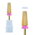 Macro shot of 5-in-1 golden alloy nail drill bit with pink ring and base detail - Conical Chip Flute Design Style (gj0625-05)
