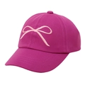 Detailed view of the 3D pink bow embroidery on a hot pink children's cotton baseball cap - One Size / Rose Red