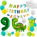 Detailed setup of green dinosaur themed birthday party kit with balloons and number nine - Number 9 Style