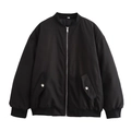 Women's black oversized bomber jacket with full-length zipper and classic utility pockets - S / Black