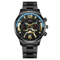 Montre à quartz pour hommes en acier inoxydable noir avec accents bleus et lunette tachymètre - Bracelet Noir Aiguille Bleue (Version à Cornes Fourchues)