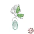 S925 sterling silver butterfly charm with green enamel wings and water drop pendant - Green Butterfly Waterdrop Pendant (SCC2743)