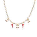 Elegant pearl and gold bead necklace featuring cute red chili and pink cherry pendants - Gold Red Chili & Cherry Necklace