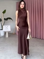 Elegant deep brown satin sleeveless maxi dress with a sophisticated high neckline - S / Brown