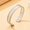 Minimalist double-layer open stainless steel bangle with micro-bead trim in silver - Silver