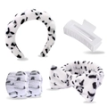 Thick cow print plush headband set with matching wristbands and a white hair claw clip - White Leopard Print 5pcs Set (Headband, Hair Clip, Scrunchies, Wristbands)