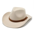 Classic beige felt cowboy hat with a brown decorative band and golden metal buckle - Beige