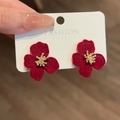 Chic red flocked flower earrings with golden core and sparkling rhinestones - No.10 Red Flocking 3-Petal Flower (SSS0572)