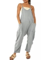 Detailed front view of grey loose-fit overalls featuring spaghetti straps and side pockets - Silver Gray