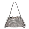 Handwoven silver metallic shoulder bag with intricate Intrecciato pattern and drawstring - Silver Grey