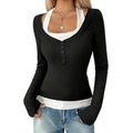 Top ajustado bicolor en blanco y negro de manga larga con cuello henley y botones - S / Negro