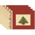 Set of 4 red Christmas placemats featuring festive tree designs and linen texture - Style 39