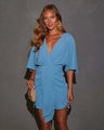 Detail of blue V-neck dress featuring waist pleats and an elegant asymmetric cut - S / Blue