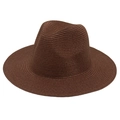 Classic dark brown Panama straw fedora hat with a wide brim and detailed woven texture - One Size / Coffee