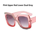 Square rhinestone sunglasses with pink and red gradient frames and grey lenses - Pink and Red Gradient