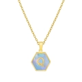 Hexagon stainless steel gold necklace featuring a letter Q with iridescent shell inlay - Blue Shell Q