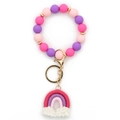 Pink and purple silicone beaded keychain bracelet with woven cotton rainbow tassel charm - Rose Red