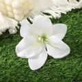 Detailed top view of a realistic white lily hair clip on a natural grass background - White