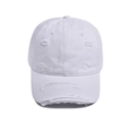 Macro detail of white distressed cotton baseball cap with torn edges and vintage holes - Adjustable: 56-60cm / White