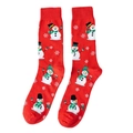 Rote Weihnachts-Wadenstrümpfe mit niedlichen Schneemann-Mustern und weißen Schneeflocken - Schneemann