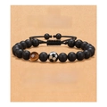 Soccer charm bracelet with black matte beads and tiger eye stone on display card - Soccer + Yellow Tiger Eye