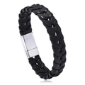 Handmade black braided leather bracelet with a polished silver magnetic metal clasp - Black