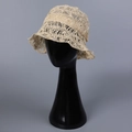 Handmade hollow straw sun hat in cream white featuring a stylish crochet fisherman design - M / Beige