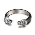Punk style wolf head open cuff bracelet in vintage silver stainless steel and black leather - Steel Color Wolf Head Style (KB71994-BD)