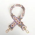 Detail of No.10 purple geometric jacquard bag strap with gold metal hooks and hardware - Silver Hook / Pattern 10