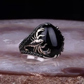 Men's punk scorpion ring with large oval black stone and vintage silver woven band - TJZ22017-2 Silver-Black Stone Scorpion
