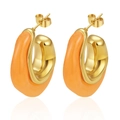 Chunky gold plated stainless steel hoop earrings with vibrant orange resin teardrop design - No.3 Orange