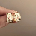 French vintage gold earrings with white enamel and red tulip flower patterns - Tulip Hoop Ear Clip