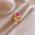 Detailed view of hollow vintage gold ring with rose red stone and green gems on silk - Retro Palace Rose Red Emerald Style - Gold (26#)