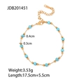 Detail of beaded gold chain bracelet with blue beads showing measurements and S.STEEL tag - Turquoise Bead Thin Chain Bracelet