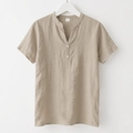 Chemise en lin kaki à manches courtes pour hommes avec col henley en taille M - S / Khaki