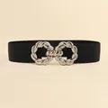 Women's black elastic wide waist belt featuring a silver twisted knot metal buckle - Black Strap Silver Buckle / 75cm