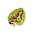Green leaf brooch with brown lizard featuring amber stones and sparkling crystals - Lizard On Leaf Style (DW1039)