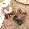 Pair of plush Christmas reindeer hair clips with green bows and golden bells - Reindeer (Ribbon & Bell) - No Brooch (Patch)