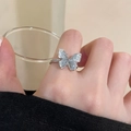 Exquisite silver butterfly open ring with sparkling zircon stones for women fashion - Butterfly Open Ring / Silver-Blue