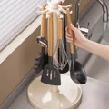 Rotating kitchen utensil rack with silicone tools and wooden handles in beige finish - Rotating Spatula Rack Set / White