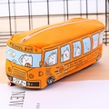 Creative school bus pencil case in bright orange canvas featuring cute cartoon bear print - School Bus / Orange