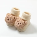 Calze neonato invernali beige spesse con orsetto 3D in peluche e gommini antiscivolo - Orso Beige