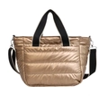 Golden quilted padded tote bag with striped woven handles and metallic finish surface - Striped / Champagne