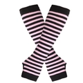 Detail of pink and black striped knitted arm warmers with thumb holes in X-cross layout - One Size / Black and Pink Fine Stripes