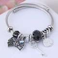 Silver stainless steel Tree of Life open bracelet with crystal beads and key charms - Black