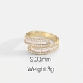 Macro detail of 18K gold-plated brass ring with zircon inlay, 9.33mm width and 3g weight - Adjustable Open / Baguette And Round Zirconia Wrap Style (JDR201704)