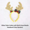 Christmas reindeer antler headband with festive red green plaid bow and berries - TK-05G (Shiny Fabric Antler Plaid Bow Headband - Gold)