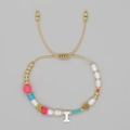 Adjustable woven bracelet with gold heart, star charms and letter I pearl bead - Letter I Style (ZZ-B24061901I-F)