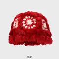 Bob en fausse fourrure rouge avec fleurs au crochet pour l'automne et l'hiver - M (54-58cm) / Rouge